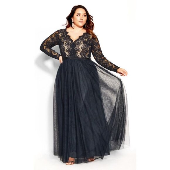 City Chic Dresses & Skirts - City Chic Womens Sz 12 Dark Navy Lace Tulle Evening Cocktail Maxi Dress NWT